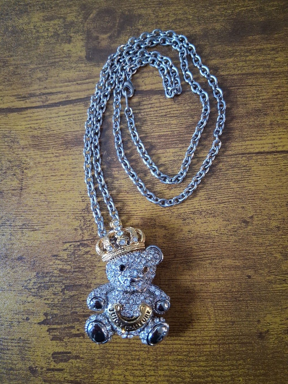 Vintage Juicy Couture Teddy Bear Pendant Necklace Rhinestone-Encrusted gold silv - Picture 2 of 11